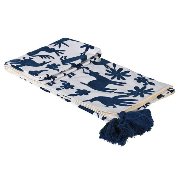 Navy Embroidered Deer Throw with Tassels