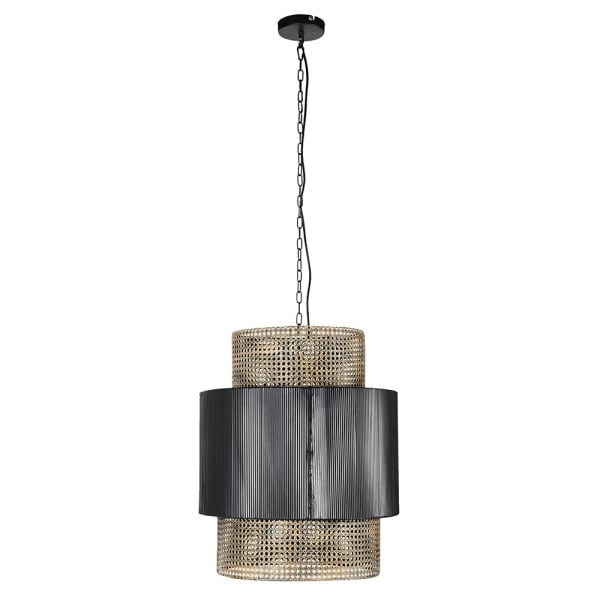 Black and Rattan Effect Metal Pendant Light