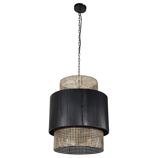 Black and Rattan Effect Metal Pendant Light