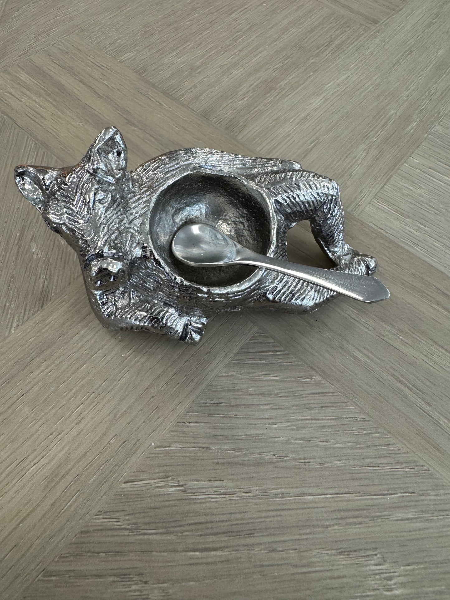 Nickel Pig Salt Dish With Spoon