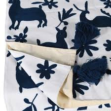 Navy Embroidered Deer Throw with Tassels